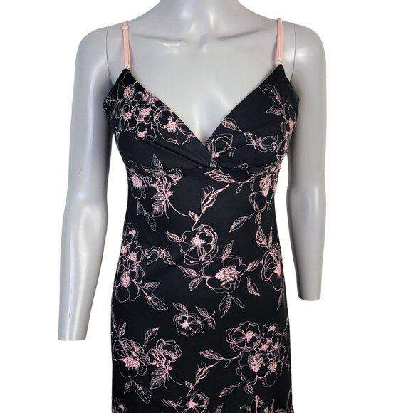 Vintage 90s Floral Dress Women Medium 8 Ruffle Knee Length Strap Black Pink New - Picture 5 of 15